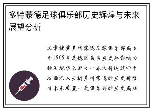 多特蒙德足球俱乐部历史辉煌与未来展望分析
