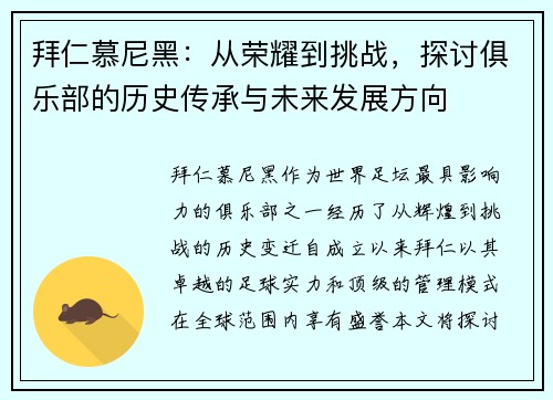 拜仁慕尼黑：从荣耀到挑战，探讨俱乐部的历史传承与未来发展方向