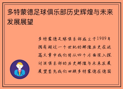 多特蒙德足球俱乐部历史辉煌与未来发展展望