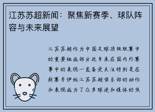 江苏苏超新闻：聚焦新赛季、球队阵容与未来展望