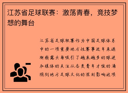 江苏省足球联赛：激荡青春，竞技梦想的舞台